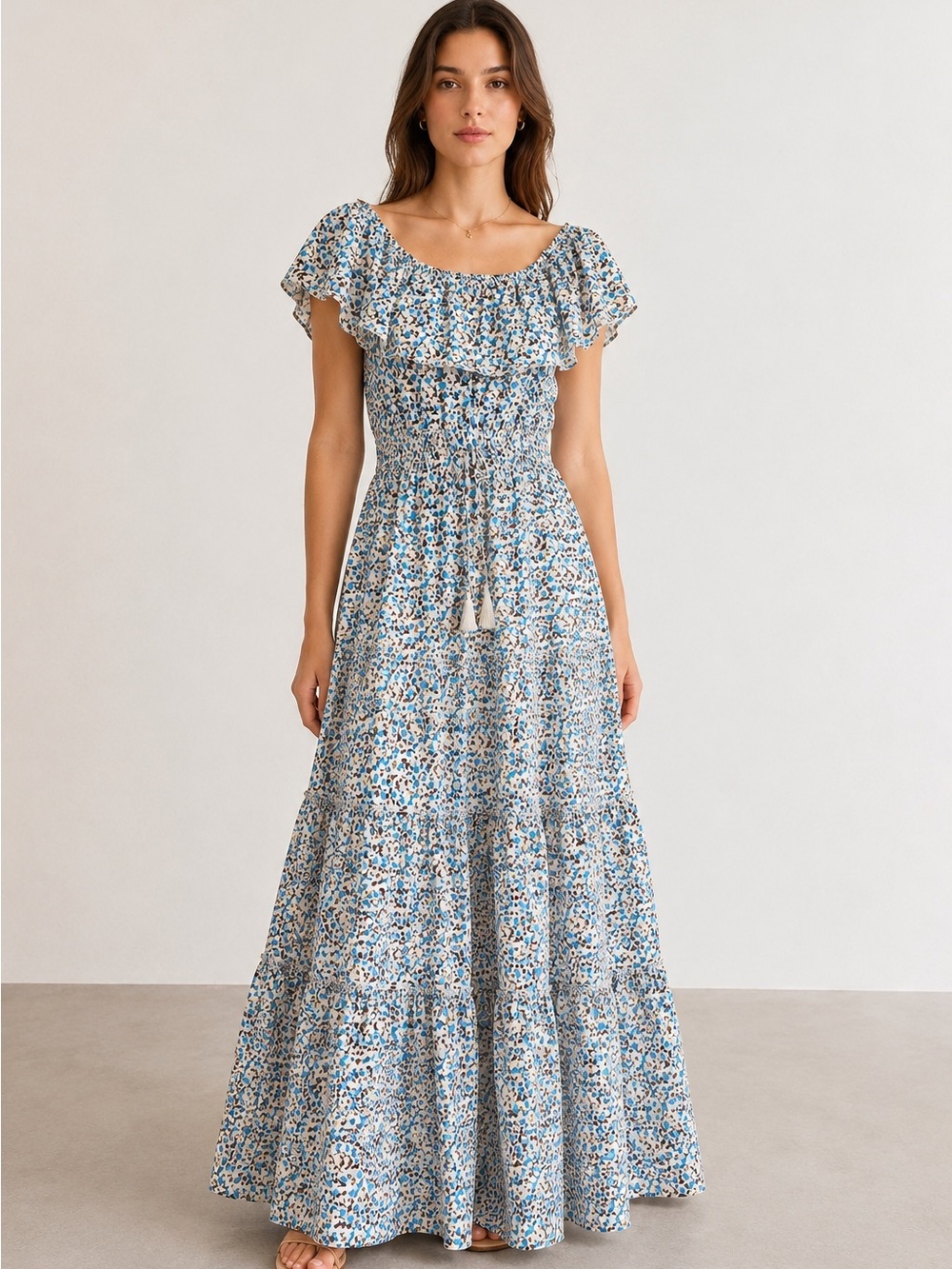 Coccole Light Blue Floral Off-Shoulder Cottagecore Maxi Dress M/L